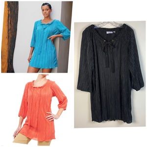 Joan Rivers Pleated Black Tassel Rope Tunic Top